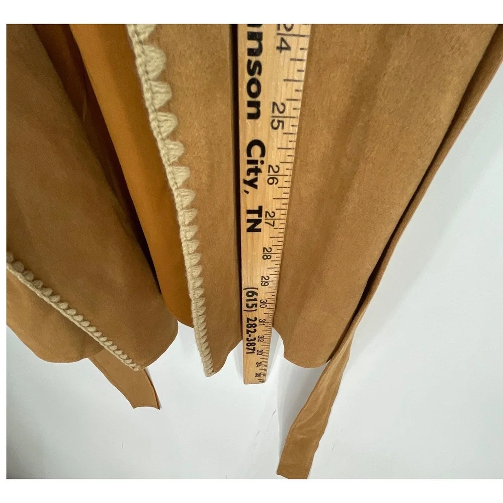 Cactus + Pearl Womens M Wrap Coat Tan Faux Suede Crochet Trim Belted Boho Flair